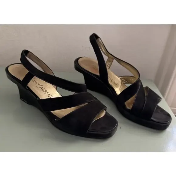 Yves Saint Laurent Black Suede Wedge Heels Sandals YSL Vintage 90s Y2K Sz 6 M - Picture 3 of 10